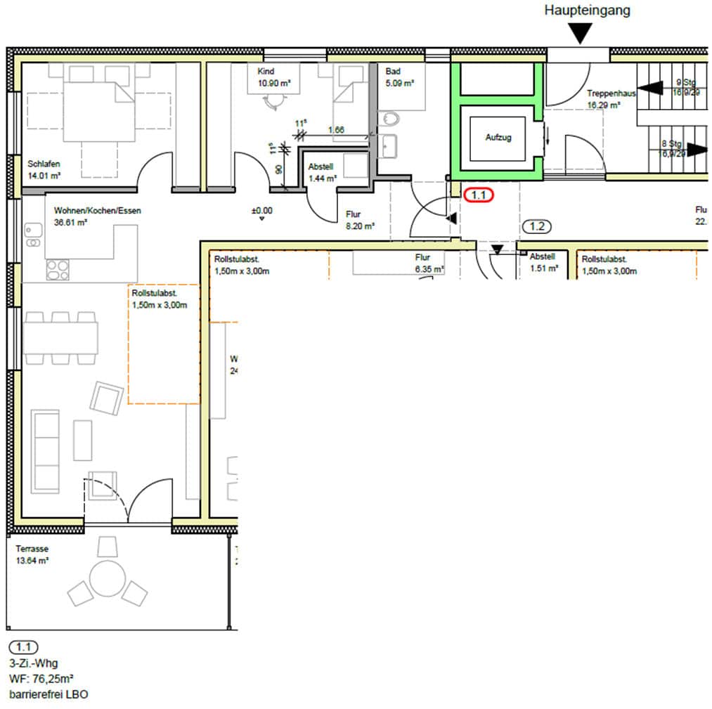 Grundriss T04: 3 Zimmer, 76,25 m² Wohnfläche