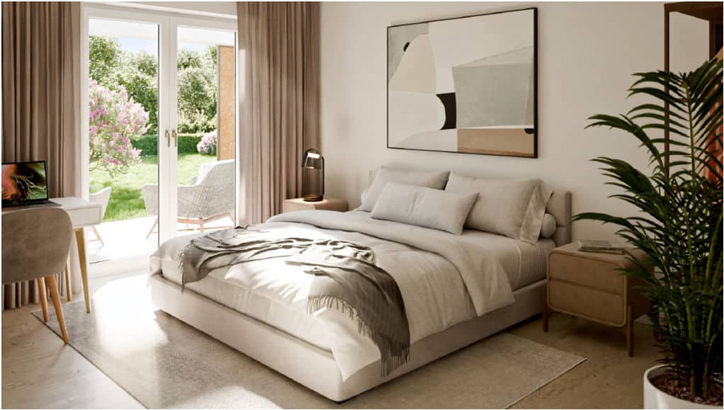 Visualisierung: helles Schlafzimmer mit Doppelbett
