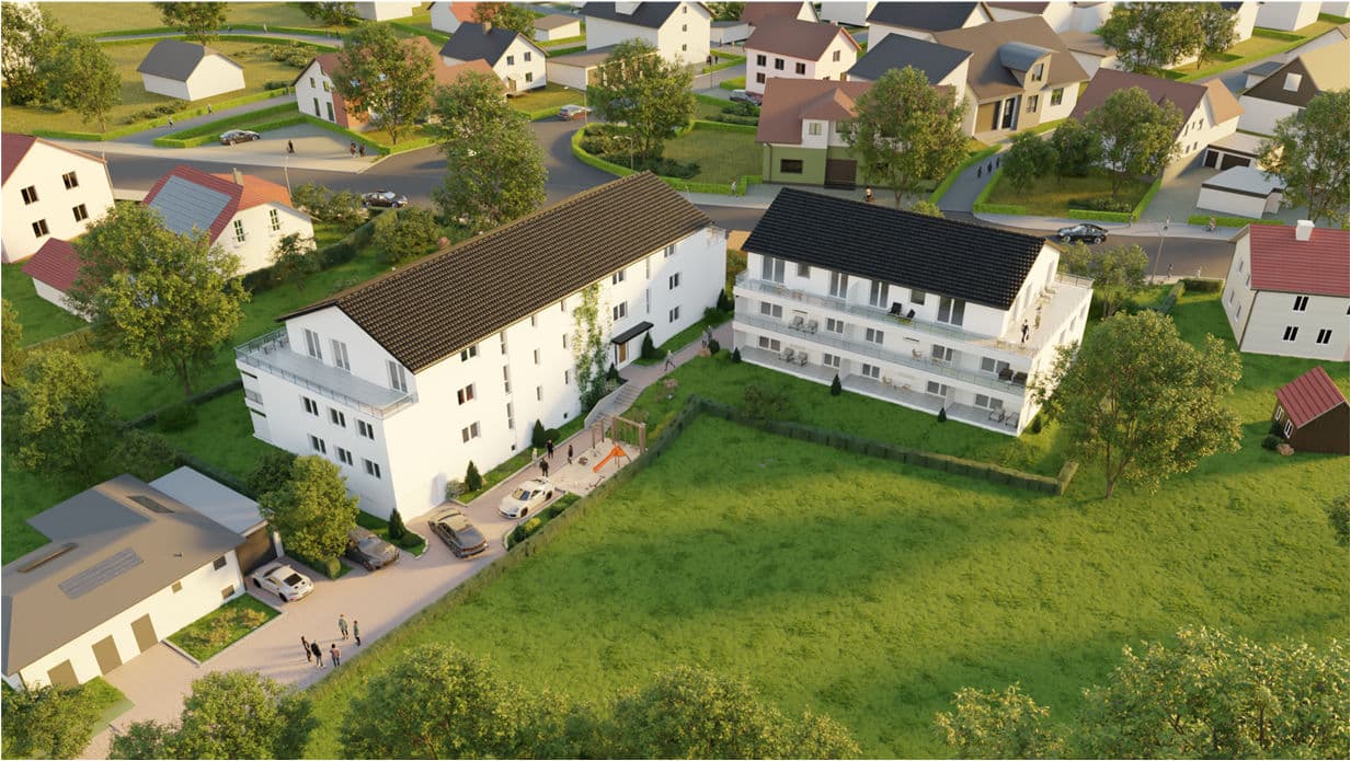 Visualisierung der zwei Mehrfamilienhäuser Heimatblick aus der Vogelperspektive